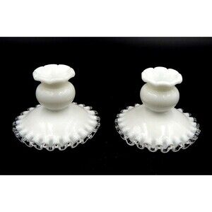 Fenton Silvercrest Milk Glass Taper Candlestick 3.5 Inch Holders Set of 2